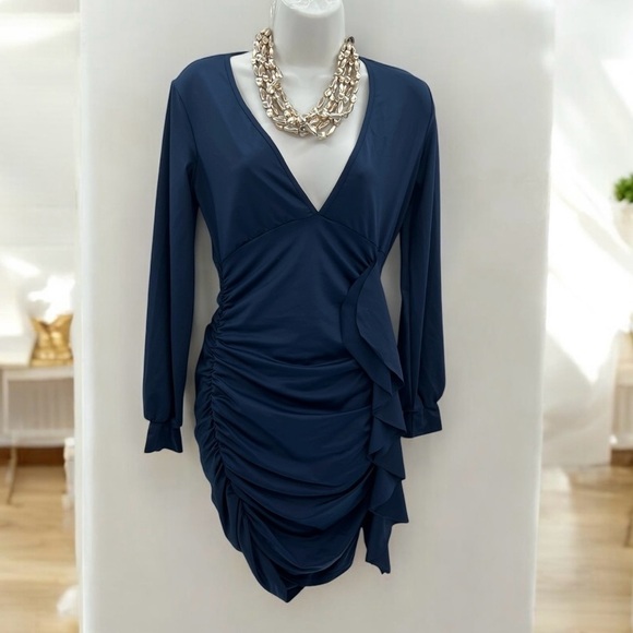 Dresses Dark Blue L Overlap Collar Ruched Draped Side Dress - NWOT (Size Small) - Picture 7 of 7